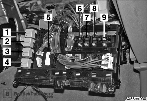 Locations of hundreds of electrical components: Fuse and relay panel behind glove
compartment.