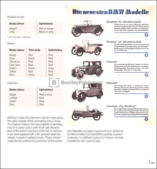 The complete BMW model range at the end of 1930, with the exception of the Express Delivery Van; the proud claim was made that BMW, powered by the famous engine that brought it victory in the 1928/29 Alpine Rallies, is the most economical, best-value car you can buy. Excerpted illustration from From Vision to Success: The Development History of BMW Automobiles: 1918-1932, page 337 
(BentleyPublishers.com watermark not printed on actual product.)
