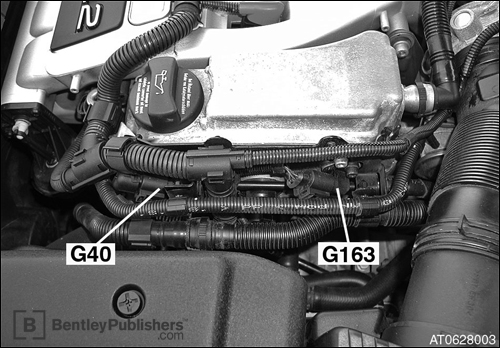 Location of ignition components on 3.2L engine. (BentleyPublishers.com watermark not printed on actual product.)