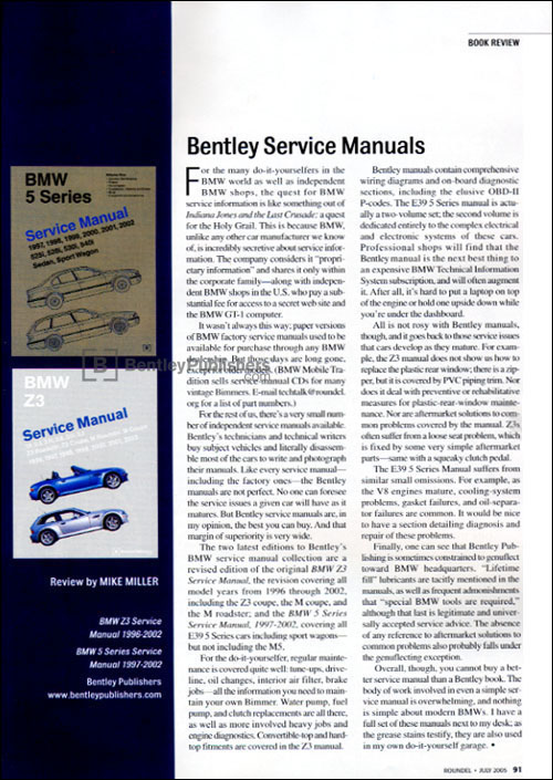 Review of BMW 5 Series Service Manual: 1997-2002 and BMW Z3 Service Manual: 1996-2002 from Roundel - July 2005