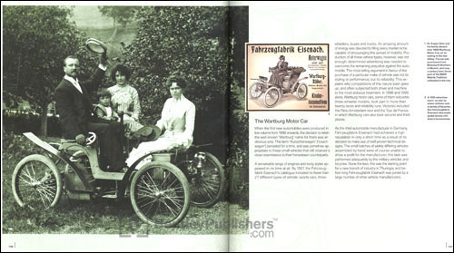 (Left) Dr. Eugen Gotz and his family aboard their 1899 Wartburg Motor Car, on an outing in the Isar Valley. The car was purchased from Beissbarth Brothers in Munich, and now, a century later, forms part of the BMW  Mobile Tradition collection in the city.
(Right) A 1900 advertisement: as well as motor vehicles and a variety of bicycles, the Fahrzeugfabrik Eisenach also made pedal-driven children