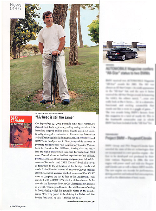 Review of Alex Zanardi: My Sweetest Victory from BMW Magazine USA - January 2005