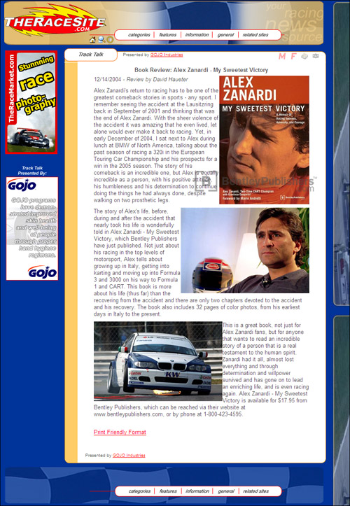 Review of Alex Zanardi - My Sweetest Victory from theracesite.com, December 14, 2004