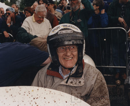 Bill Milliken, age 87, at the wheel of FWD Miller; 1997, Goodwood Hillclimb, England.  Excerpted illustration from Equations of Motion (BentleyPublishers.com watermark not printed on actual product.)