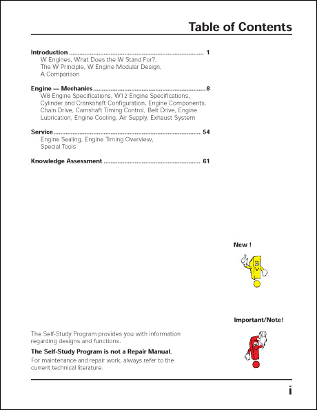 Volkswagen W Engine Concept Technical Service Training Self-Study Program Table of Contents