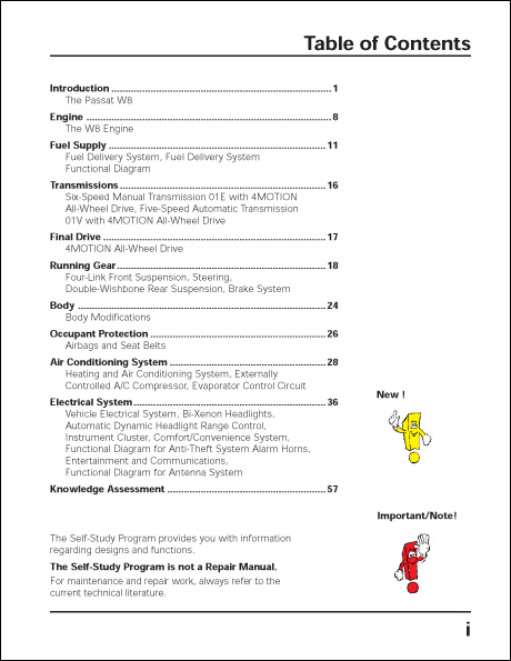 Volkswagen Passat W8 Technical Service Training Self-Study Program Table of Contents