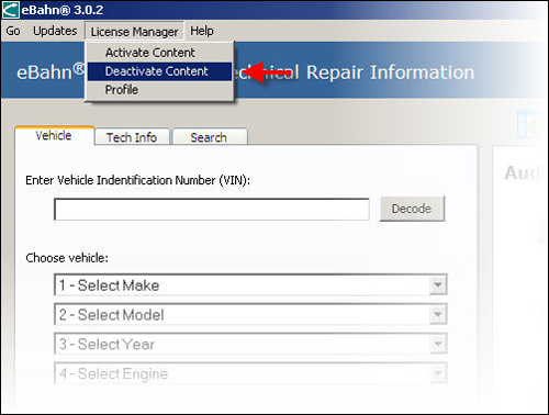 Select Deactivate Content from the License Manager menu in the upper-left corner of the eBahn(r) Reader application.