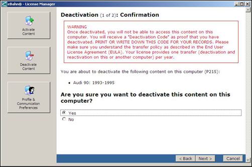 Click Yes to confirm that you really do want to deactivate your license for this vehicle platform.