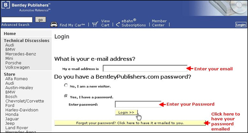 Log in using your email address and password.  If you forget your password, type in your email address and click the Forgot Your Password button.