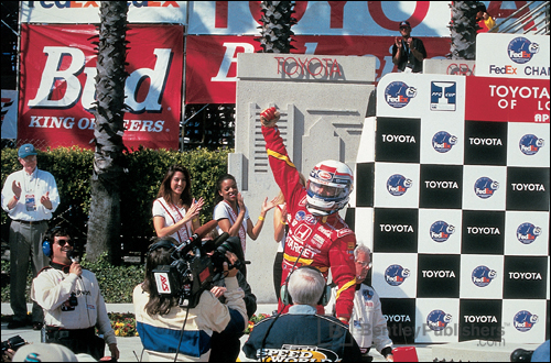 Celebrating a triumphant victory at Long Beach in 1998—the most spectacular race of my career.