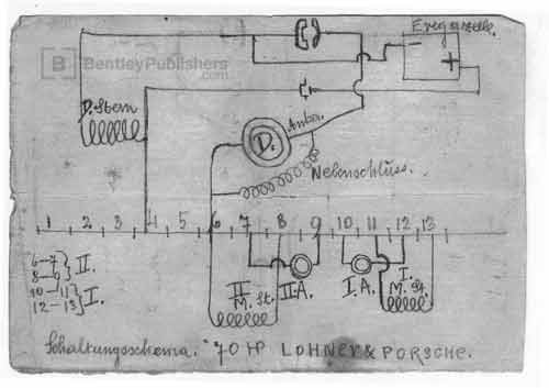 In neat sketches in his own notebook, Porsche worked out the electrical connections that would be needed to control the forward speeds of his powerful Panhard-powered Mixtes of 1905.