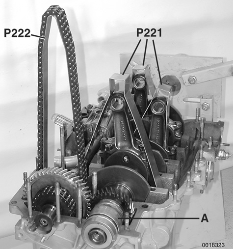 Detailed photographs for each repair procedure, including illustrations of Porsche special tools. Shown are the connecting rod and timing chain supports that make crankcase assembly a lot easier.
102 Engine Disassembly and Assembly
page 102-21