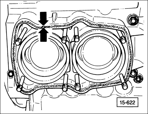 Apply cylinder head sealant (Part No. <b>D 000 400 01</b>) in 1.0-2.0 mm (3/64-5/64 in.) bead (arrows in center of gasket side facing cylinder head.
15 Engine-Cylinder Head, Valve Drive
page 15.28
