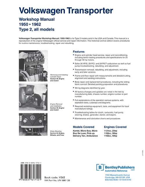 Volkswagen Transporter Workshop Manual: 1950-1962 back cover insert