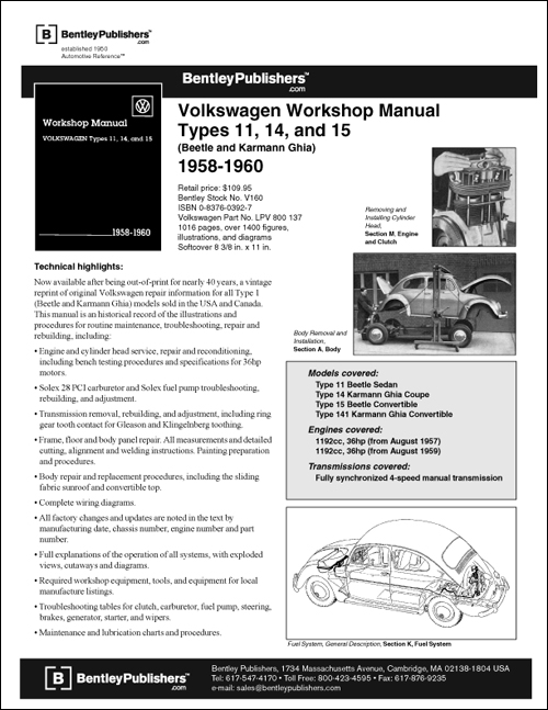 Volkswagen Workshop Manual Types 11, 14, and 15: 1958-1960 back cover insert